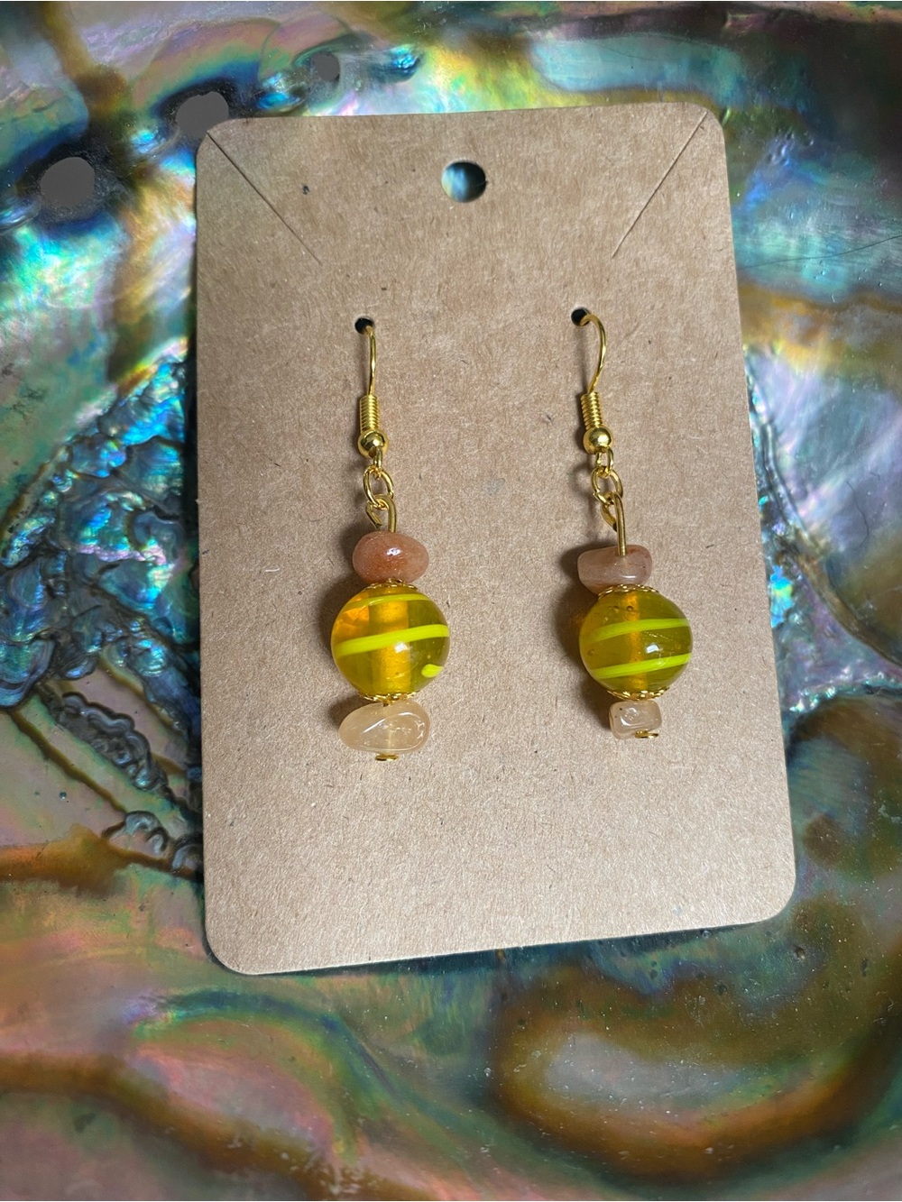 Handcrafted Yellow Glass Bead Dangle Earrings with Peach Accents — Gold Hooks
